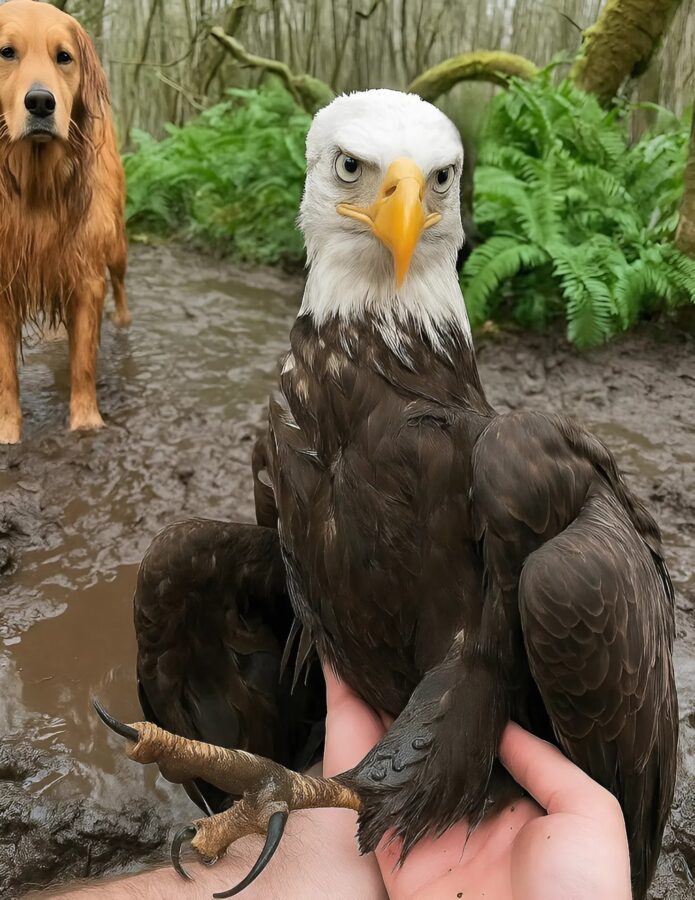 An eagle was standing in front of our door, as if asking for help: I followed it with my dog, and what I discovered left me speechless