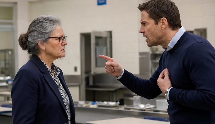 I went to surprise my daughter at school and discovered her teacher pouring juice onto her lunch tray : then she spoke to me with contempt as if what she was doing was perfectly normal, so I decided to teach her a lesson