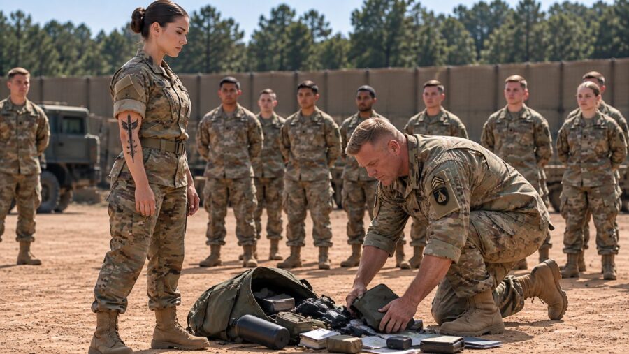 The sergeant dumps the new recruit’s bag to publicly humiliate her, but when he sees her tattoo, he freezes
